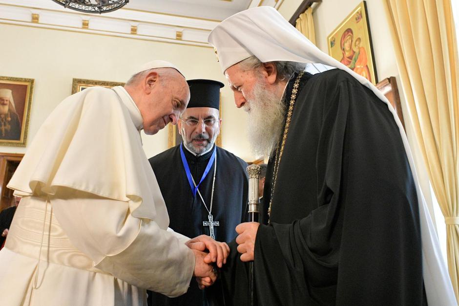 May 5, 2019 : Pope Francis meets Patriarch NEOFIT, Patriarch of the Bulgarian Church, at the Palace of the Holy Synod. Sofia, Bulgaria.