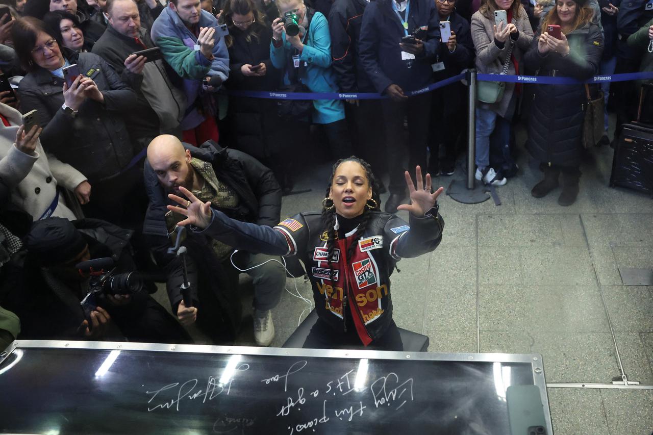 Singer Alicia Keys performs at St. Pancras International Station in London