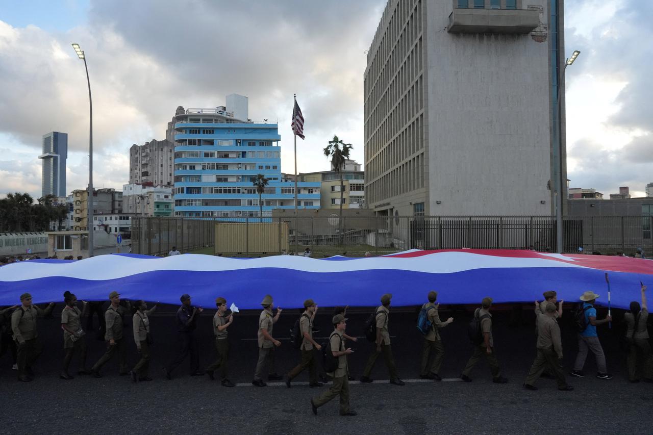 Cuba stages protest against "blockade" in front of U.S. embassy, in Havana