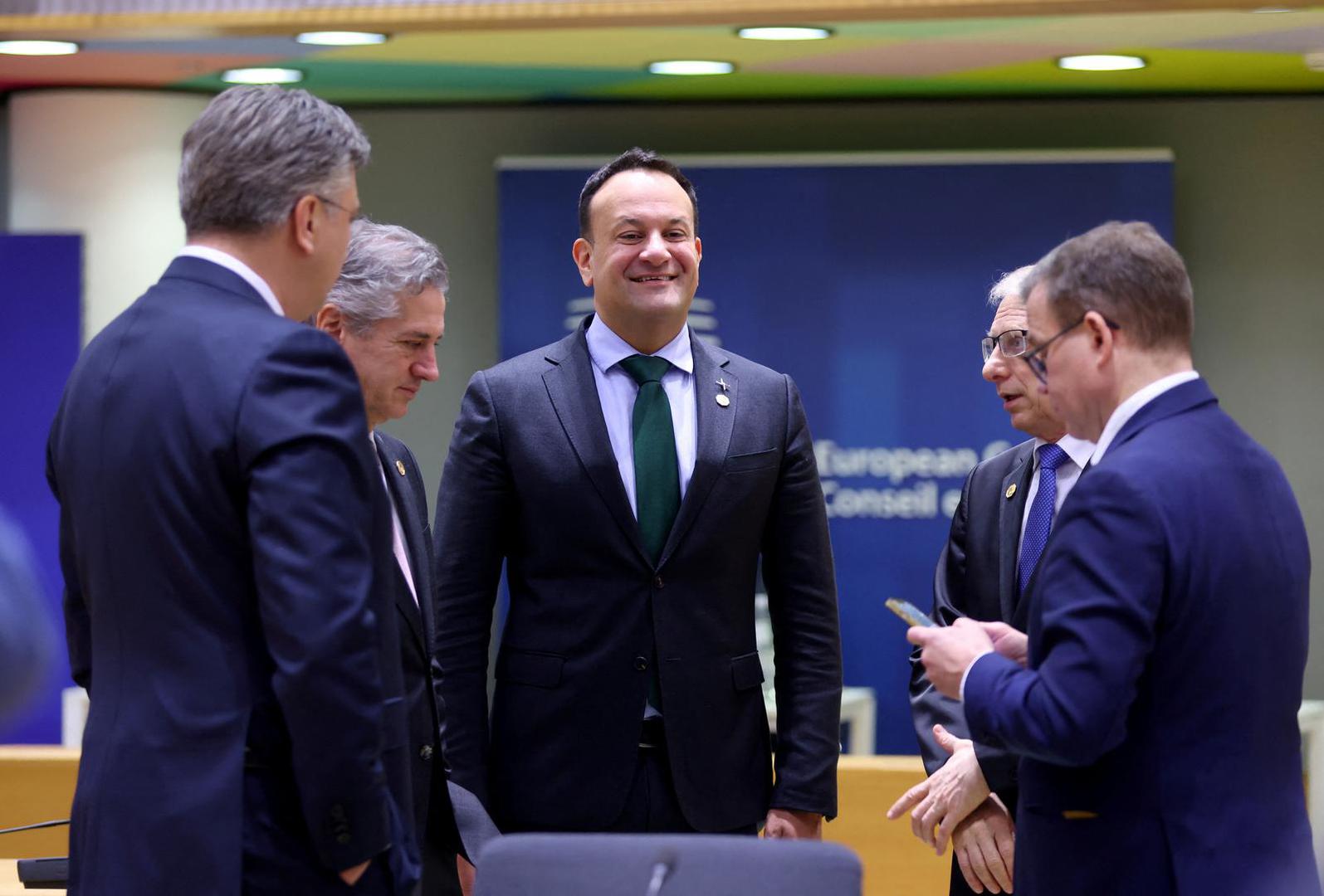 Bulgaria's Prime Minister Nikolai Denkov, Croatia's Prime Minister Andrej Plenkovic, Ireland's Taoiseach Leo Varadkar, Slovenia's Prime Minister Robert Golob and Finland's Prime Minister Petteri Orpo attend a European Union summit in Brussels, Belgium February 1, 2024. REUTERS/Johanna Geron Photo: JOHANNA GERON/REUTERS