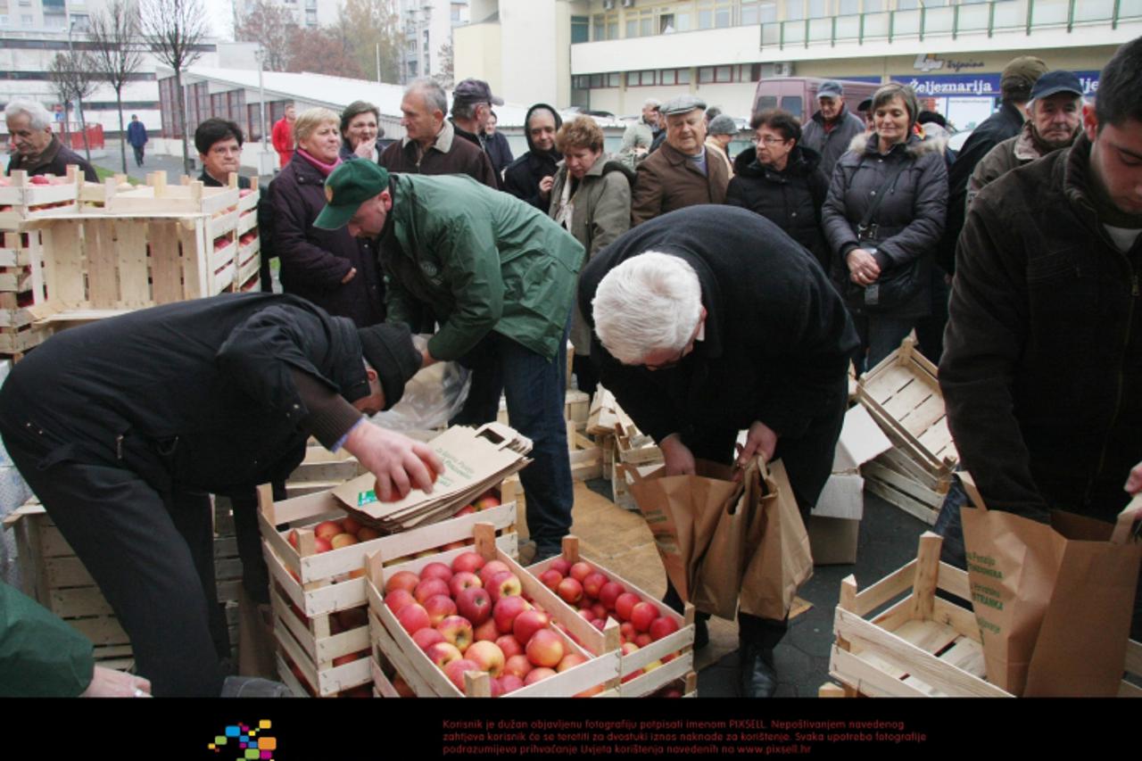 '25.11.2011. Karlovac - HSS-ovci na gradskoj trznici gradjanima dijelili jabuke. U dijeljenju im se pridruzio i nositelj liste u 7. izbornoj jedinici Bozidar Pankretic. Photo: Kristina Stedul Fabac/PI