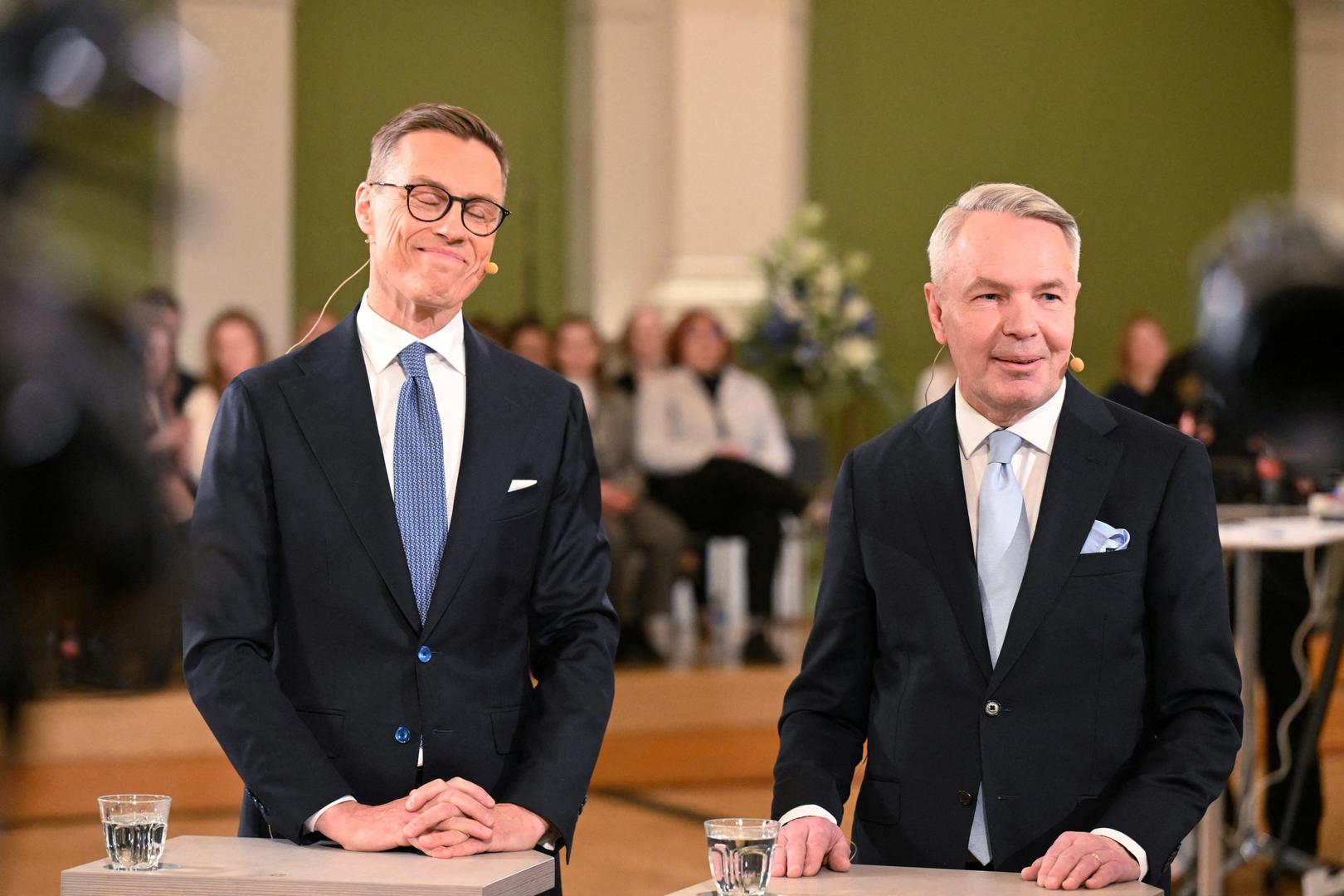 National Coalition Party (NCP) presidential candidate Alexander Stubb and  Green Party backed candidate for a nonpartisan constituency association Pekka Haavisto attend an election night event at the Helsinki City Hall in Helsinki, Finland, February 11, 2024. Lehtikuva/Jussi Nukari via REUTERS ATTENTION EDITORS - THIS IMAGE WAS PROVIDED BY A THIRD PARTY. NO THIRD PARTY SALES. NOT FOR USE BY REUTERS THIRD PARTY DISTRIBUTORS. FINLAND OUT. NO COMMERCIAL OR EDITORIAL SALES IN FINLAND. Photo: LEHTIKUVA/REUTERS