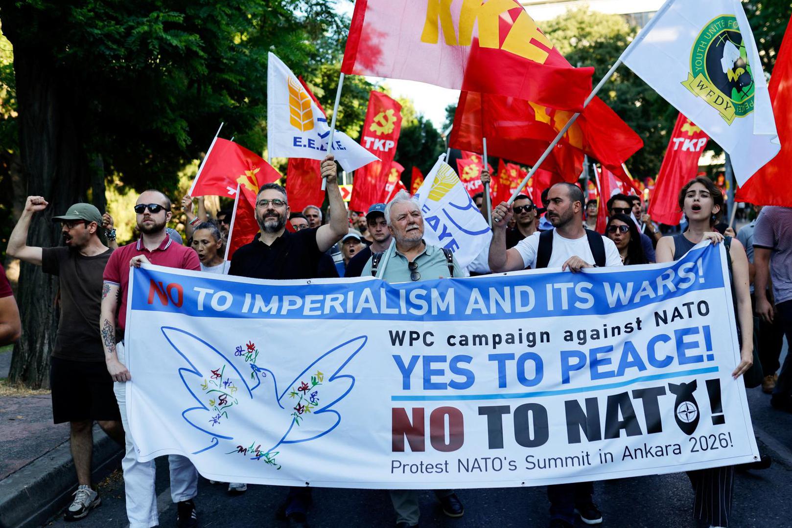 People carry a banner during a protest, ahead of NATO leaders' summit, in Istanbul, Turkey, July 5, 2026. REUTERS/Kemal Aslan Photo: KEMAL ASLAN/REUTERS