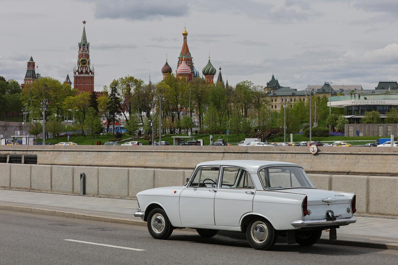 A Soviet-era Moskvich 408 of 1966 is pictured on the embankment of the Moskva River in Moscow