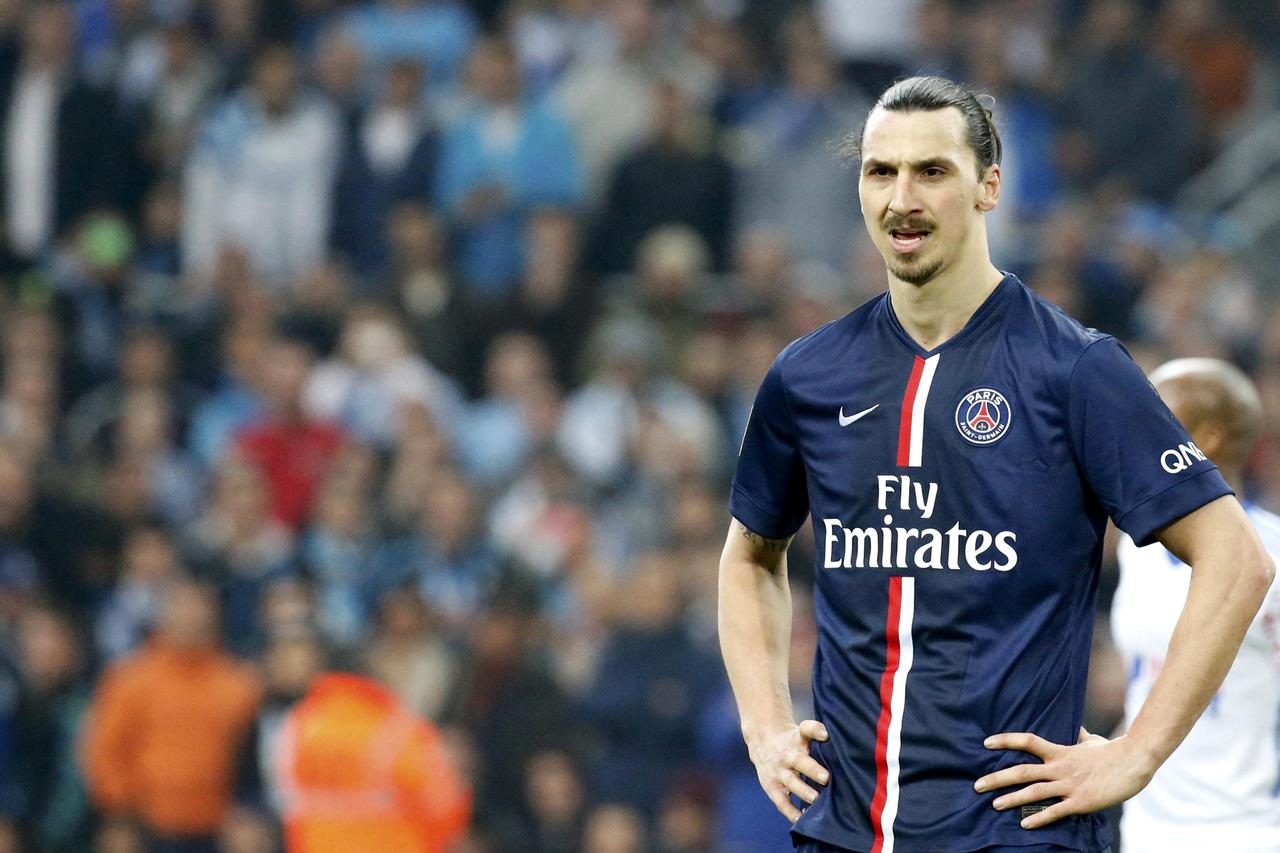 Paris St Germain's Zlatan Ibrahimovic reacts during their French Ligue 1 soccer match against Olympique Marseille at the Velodrome stadium in Marseille, April 5, 2015.  REUTERS/Eric Gaillard