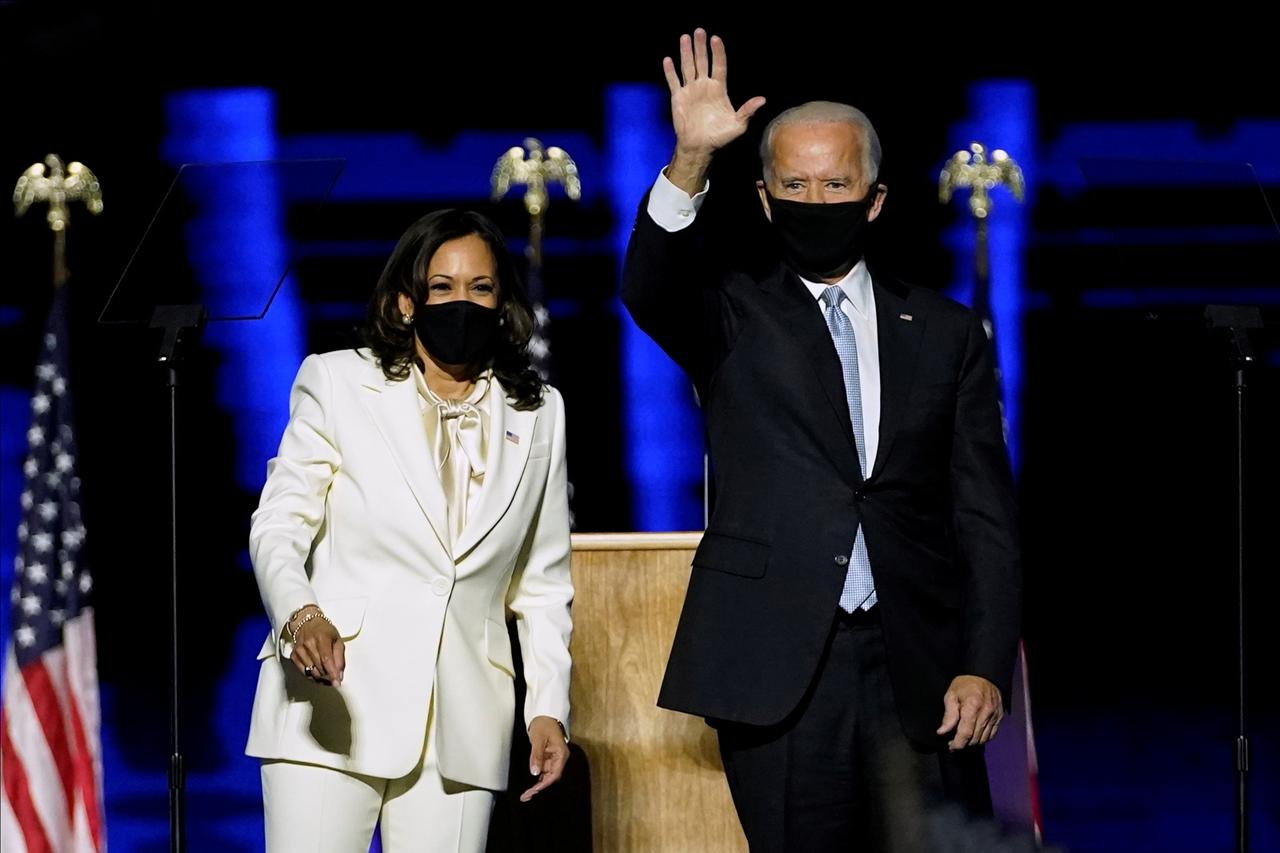 Democratic vice-presidential nominee Kamala Harris introduces Democratic 2020 U.S. presidential nominee Joe Biden at an election rally, after news media announced that Biden has won the 2020 U.S. presidential election, in Wilmington, Delaware