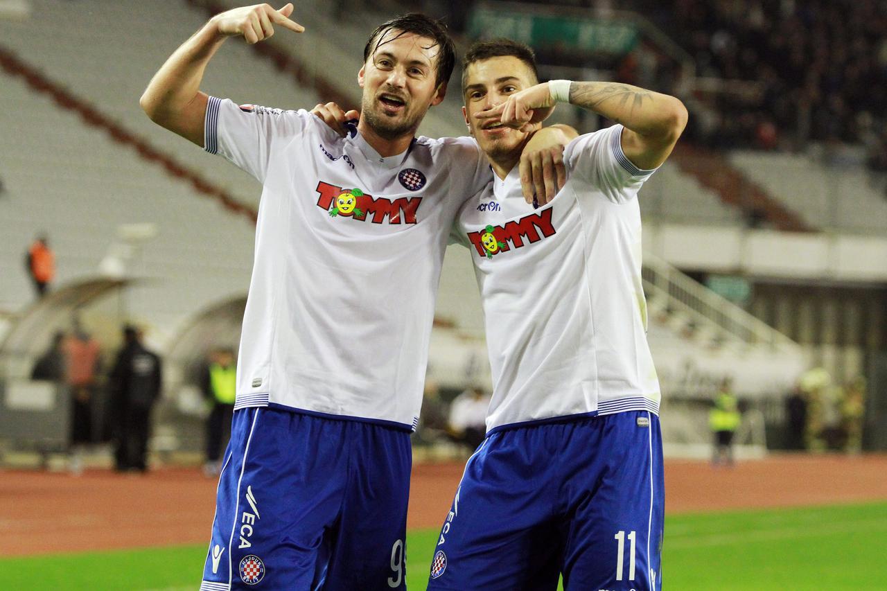 13.12.2014., stadion Poljud, Split - 19. kolo MAXtv Prve lige, HNK Hajduk - NK Istra 1961. Artem Milevski i Sandro Gotal slave gol.  Photo: Ivana Ivanovic/PIXSELL