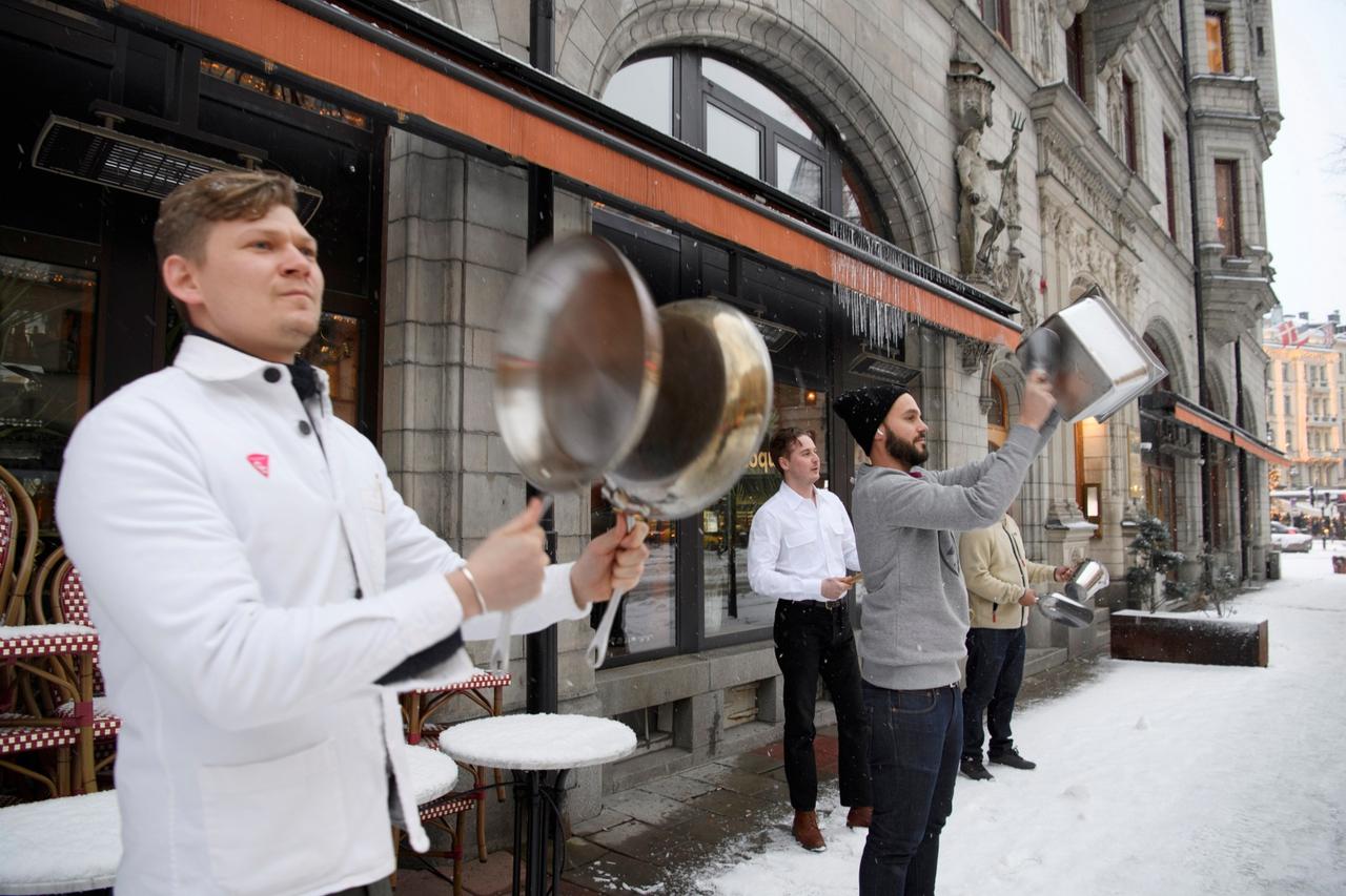 Restaurant owners and their staff protest against restrictions due to the coronavirus disease (COVID-19) pandemic, in Stockholm