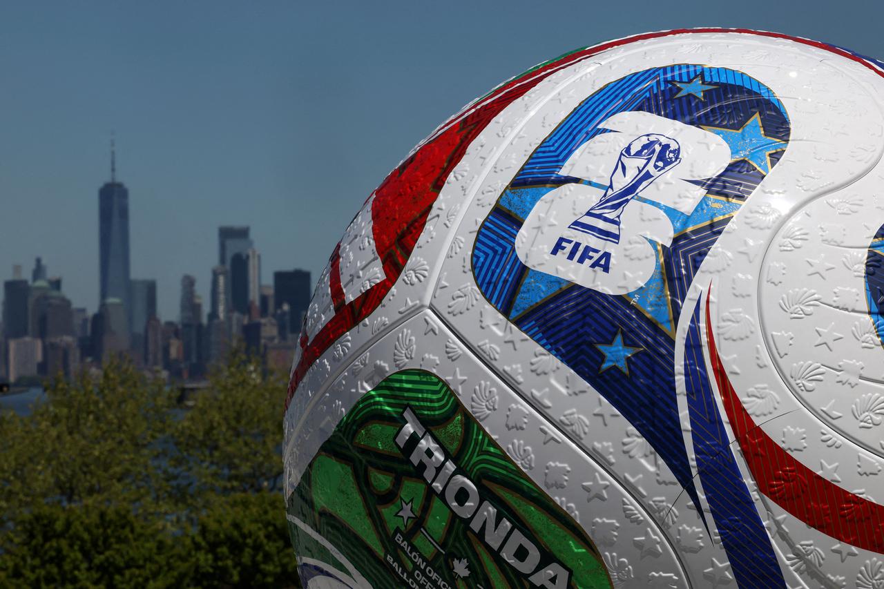 FILE PHOTO: A blow up soccer ball of the FIFA World Cup 2026 stands during a press conference announcing fan zone for the area in New York City