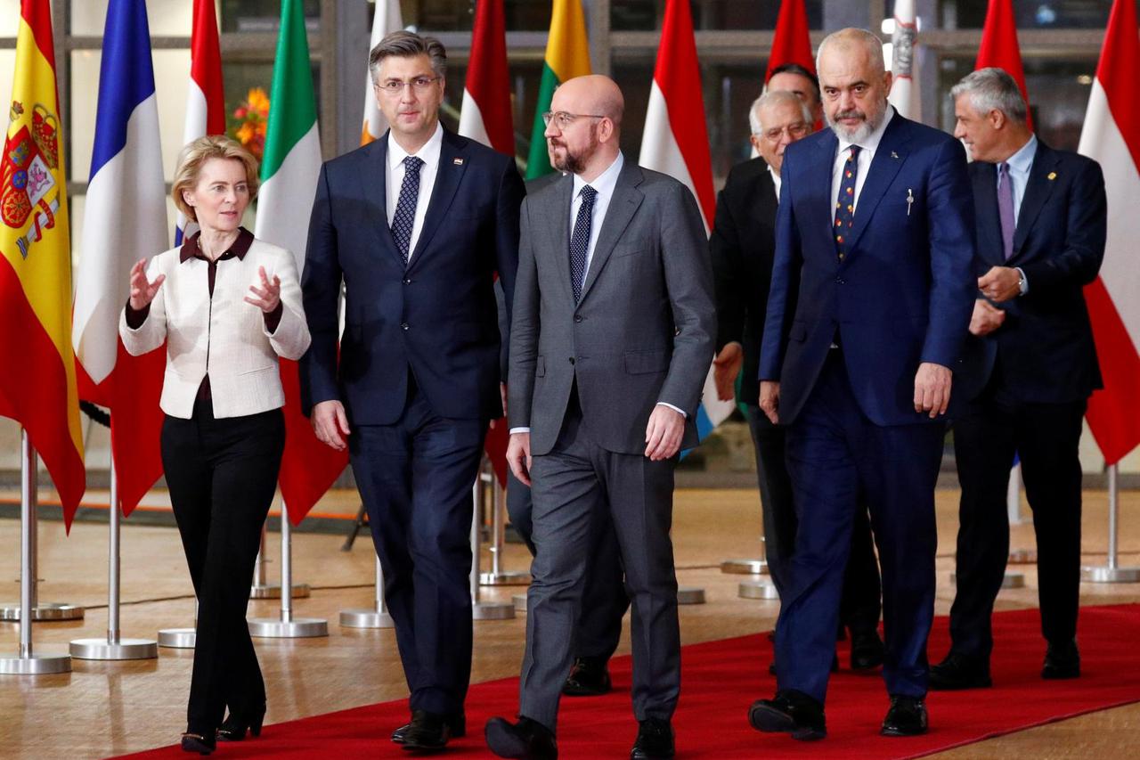 EU Commission President von der Leyen, Croatia's PM Plenkovic, EU Council President Michel and Albania's PM Rama arrive to attend an informal EU-Western Balkans meeting in Brussels