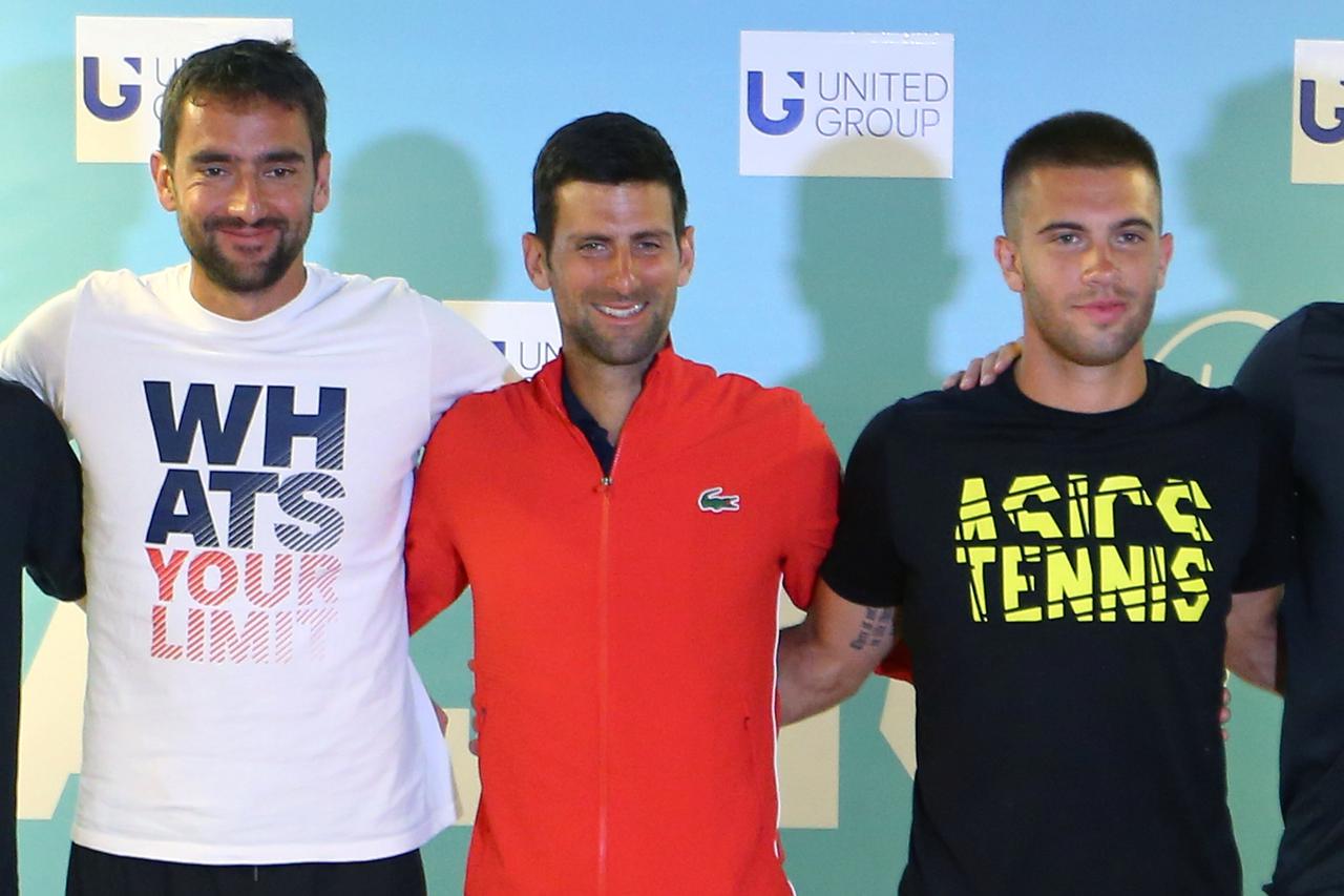 Tennis - Adria Tour - Zadar, Croatia - June 19, 2020 Serbia's Novak Djokovic poses for the picture next to Croatia's Marin Cilic and Borna Coric during the press conference