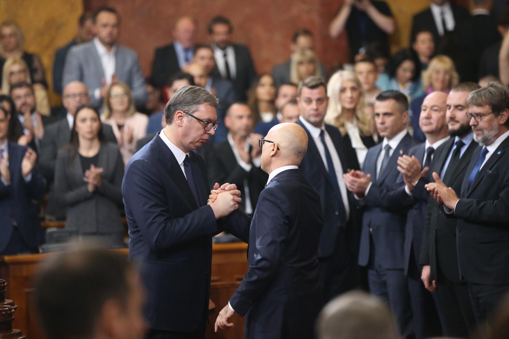 02, May, 2024, Belgrade - The Prime Minister of the Republic of Serbia, Milos Vucevic, and the ministers took the oath in the Assembly of the Republic of Serbia, and with that, their mandate officially began. Aleksandar Vucic, Milos Vucevic. Photo: F.S./ATAImages02, maj, 2024, Beograd - Predsednik Vlade Republike Srbije Milos Vucevic i ministri polozili su zakletvu u Skupstini Republike Srbije, a time je poceo i zvanicno da im tece mandat. Photo: F.S./ATAImages Photo: F.S./ATAImages/PIXSELL