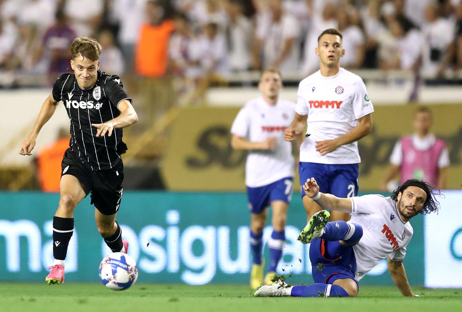 10.08.2023., stadion Poljud, Split - Prva utakmica 3. pretkola UEFA Konferencijske lige, HNK Hajduk - PAOK.  Ioannis Konstantelias, Filip Krovinovic Photo: Matija Habljak/PIXSELL