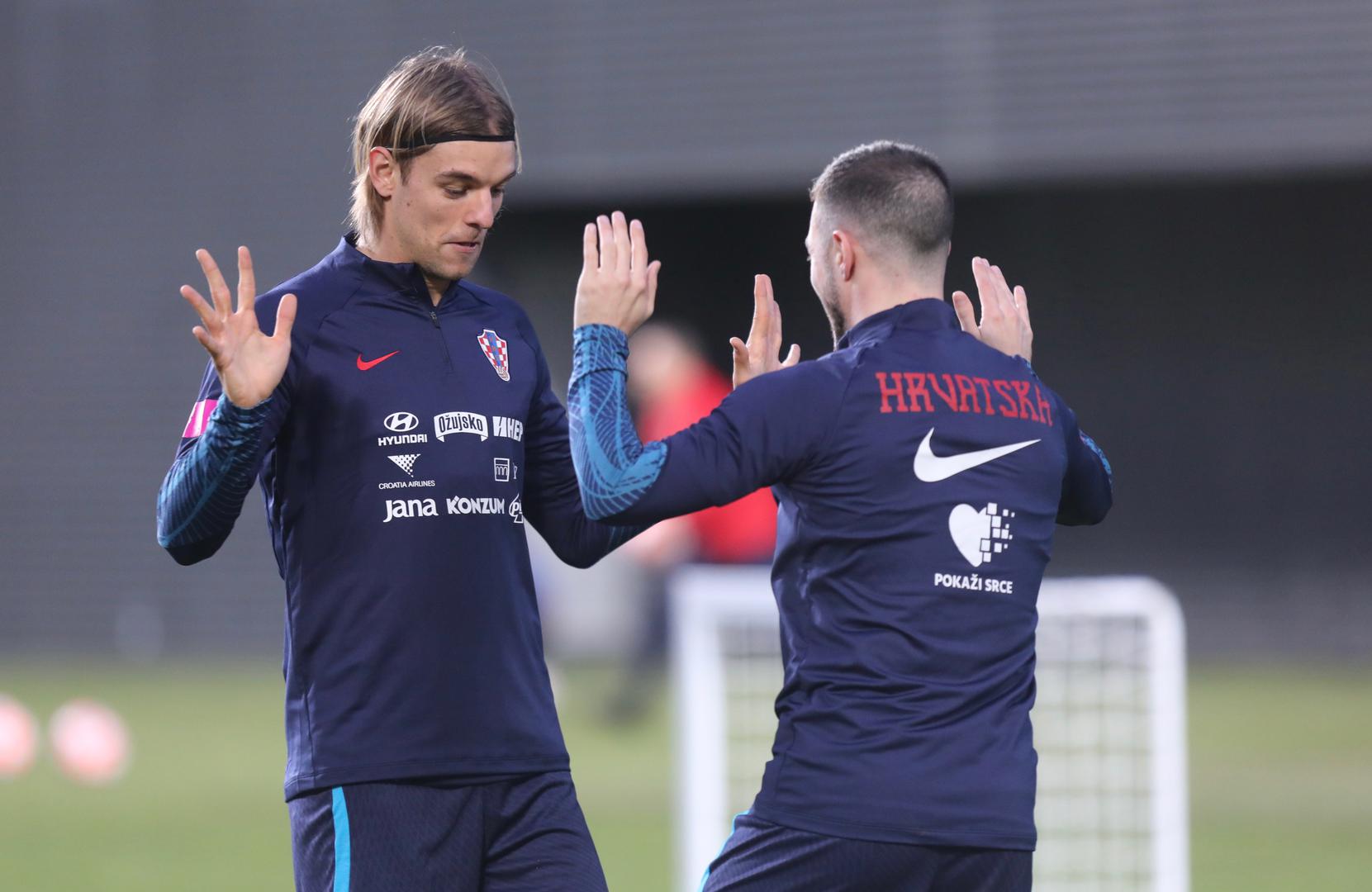 21.03.2023., Split - Na stadionu Hrvatski vitezovi odrzan je trening hrvatske nogometne reprezentacije uoci utakmice kvalifikacija za EURO 2024. koju igraju protiv Walesa. Borna Sosa, Josip Juranovic Photo: Ivo Cagalj/PIXSELL