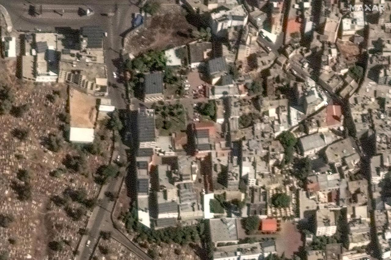 A satellite image shows Al-Ahli hospital before a blast that killed hundreds of Palestinians, which Israeli and Palestinian officials blamed on each other, in Gaza City