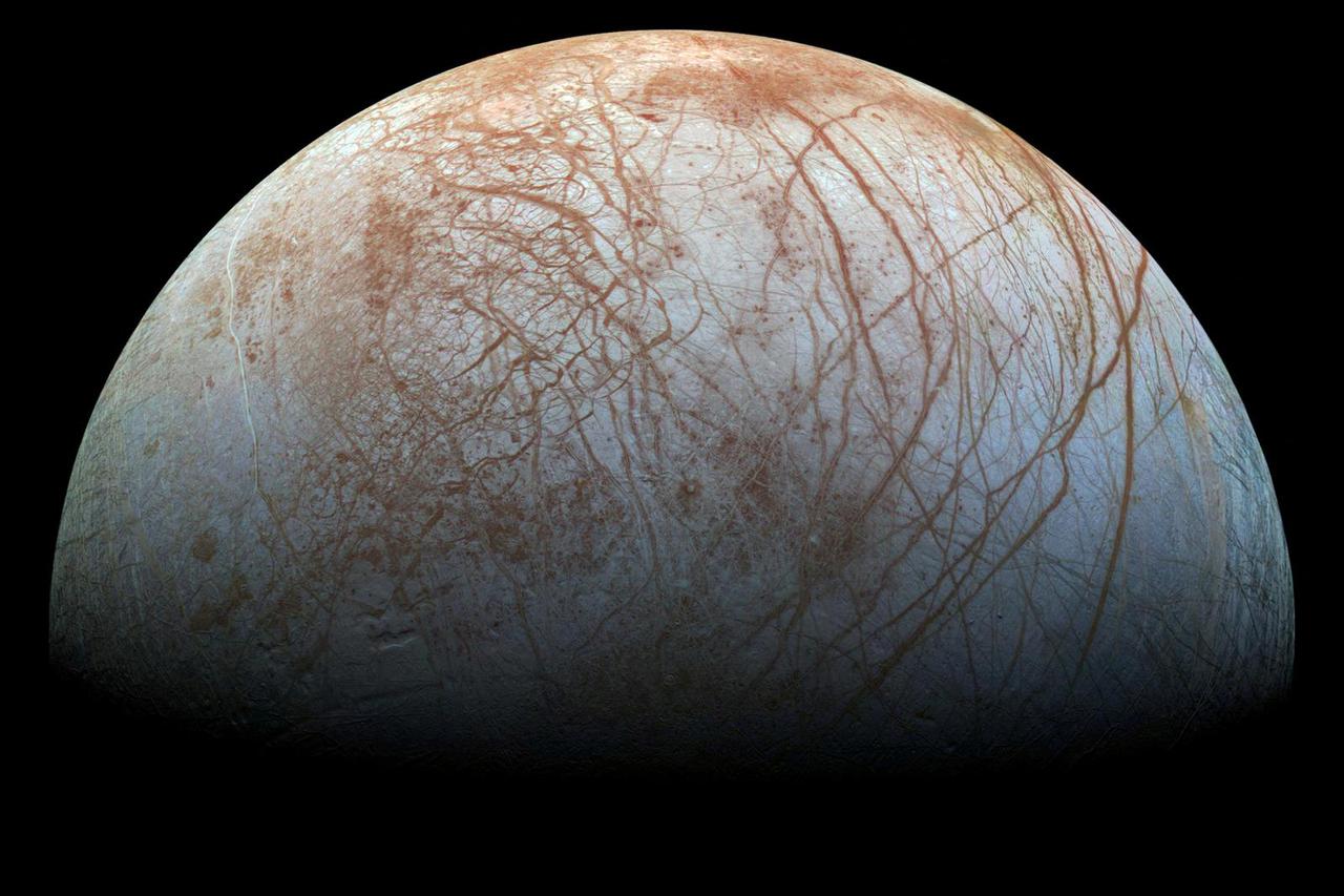 FILE PHOTO: Handout photo of a view of Jupiter's moon Europa, created from images taken by NASA's Galileo spacecraft in the late 1990's