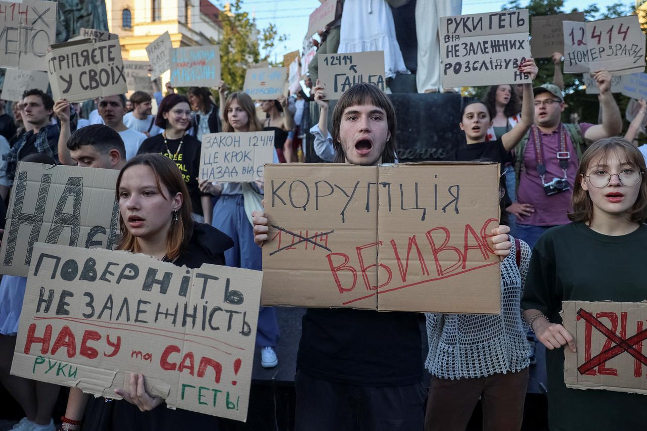 FILE PHOTO: Ukraine's President Zelenskiy speaks during a press briefing, in Kyiv