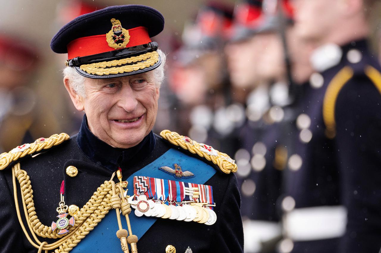 Britain's King Charles III attends the 200th Sovereign's parade at Royal Military Academy Sandhurst in Cambereley