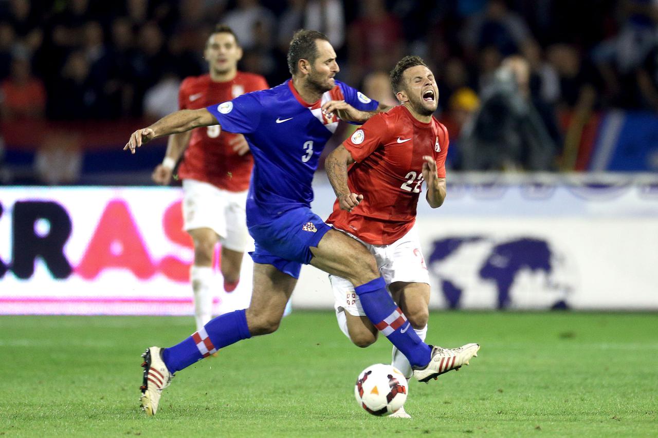 06.09.2013., Stadion Crvena zvezda, Beograd - Kvalifikacijska nogometna utakmica za Svjetsko prvenstvo 2014. u Brazilu, skupina A, Srbija - Hrvatska. Josip Simunic, Miralem Sulejmani Photo: Marko Lukunic/PIXSELL