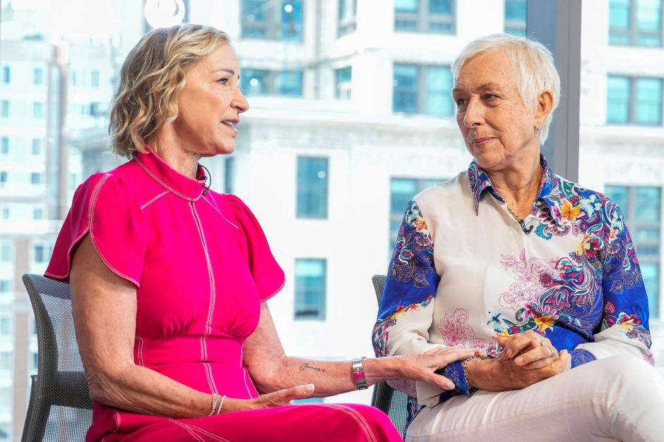 Tennis legends Chris Evert and Martina Navratilova attend an interview with Reuters in New York