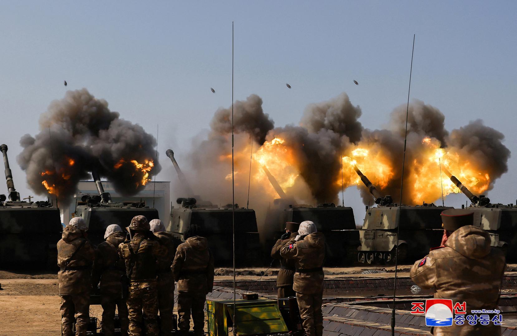 The Korean People's Army conducts an artillery firing drill, KCNA news agency reported, in North Korea, March 7, 2024 in this picture released on March 8, 2024, by the Korean Central News Agency.    KCNA via REUTERS    ATTENTION EDITORS - THIS IMAGE WAS PROVIDED BY A THIRD PARTY. REUTERS IS UNABLE TO INDEPENDENTLY VERIFY THIS IMAGE. NO THIRD PARTY SALES. SOUTH KOREA OUT. NO COMMERCIAL OR EDITORIAL SALES IN SOUTH KOREA. Photo: KCNA/REUTERS