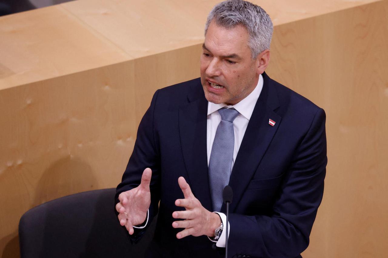 Austrian Chancellor Nehammer delivers a speech in the Parliament in Vienna