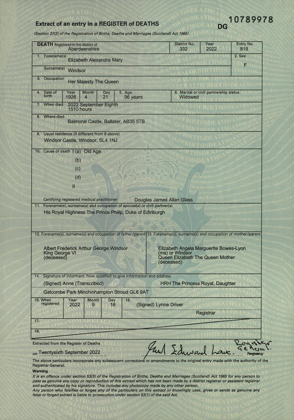 Death certificate of Britain's late Queen Elizabeth
