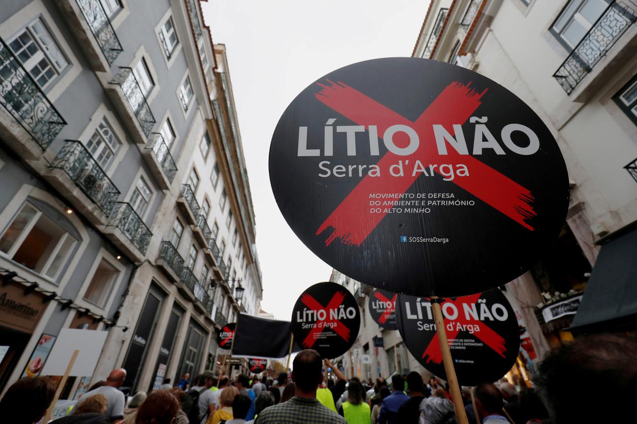 FILE PHOTO: Demonstrators protest against lithium mines in downtown Lisbon