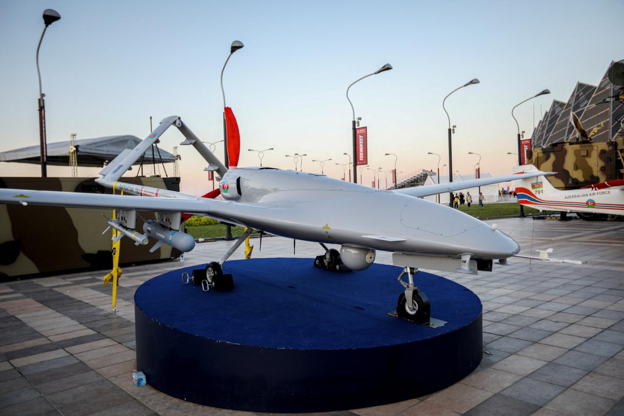 A Bayraktar TB2 drone is exhibited at an aerospace and technology festival in Baku
