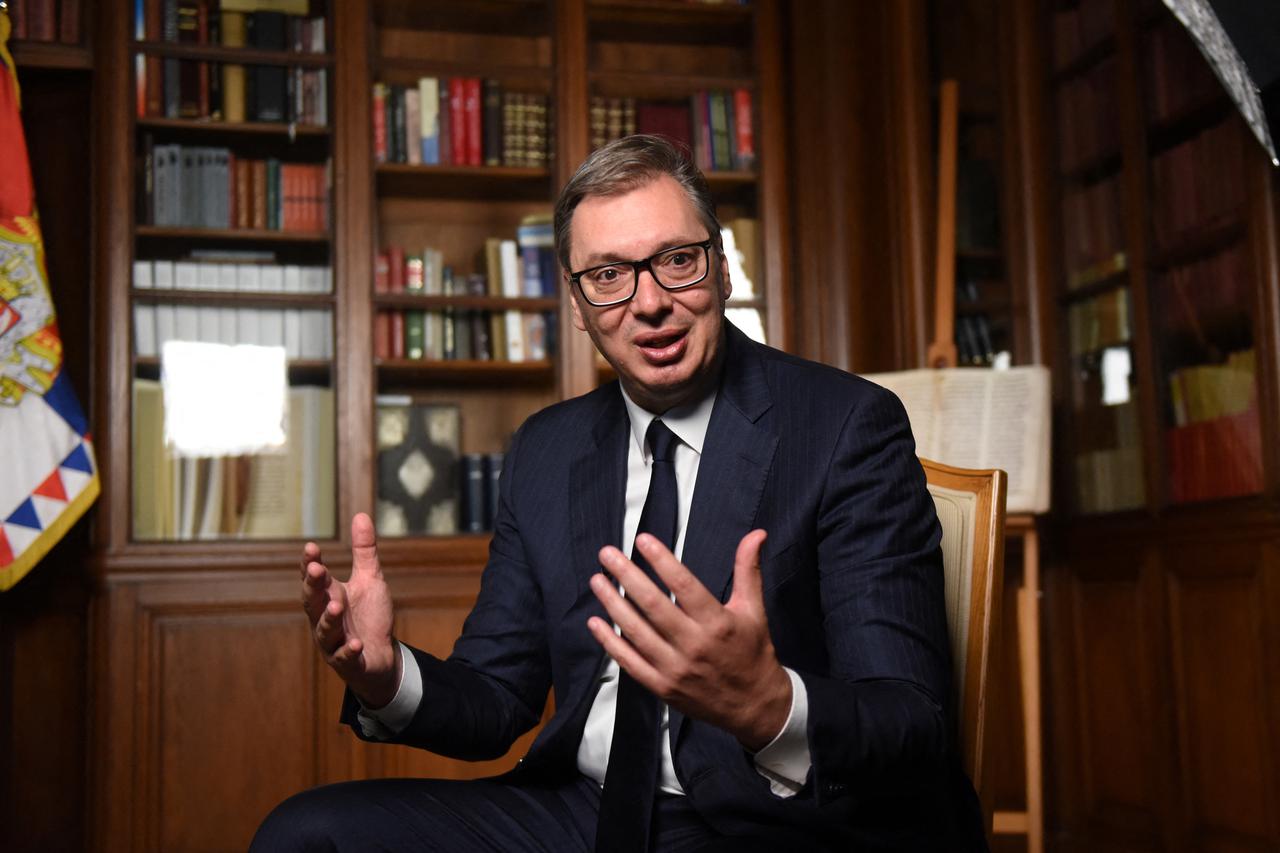 Serbian President Aleksandar Vucic speaks during an interview with Reuters in Belgrade