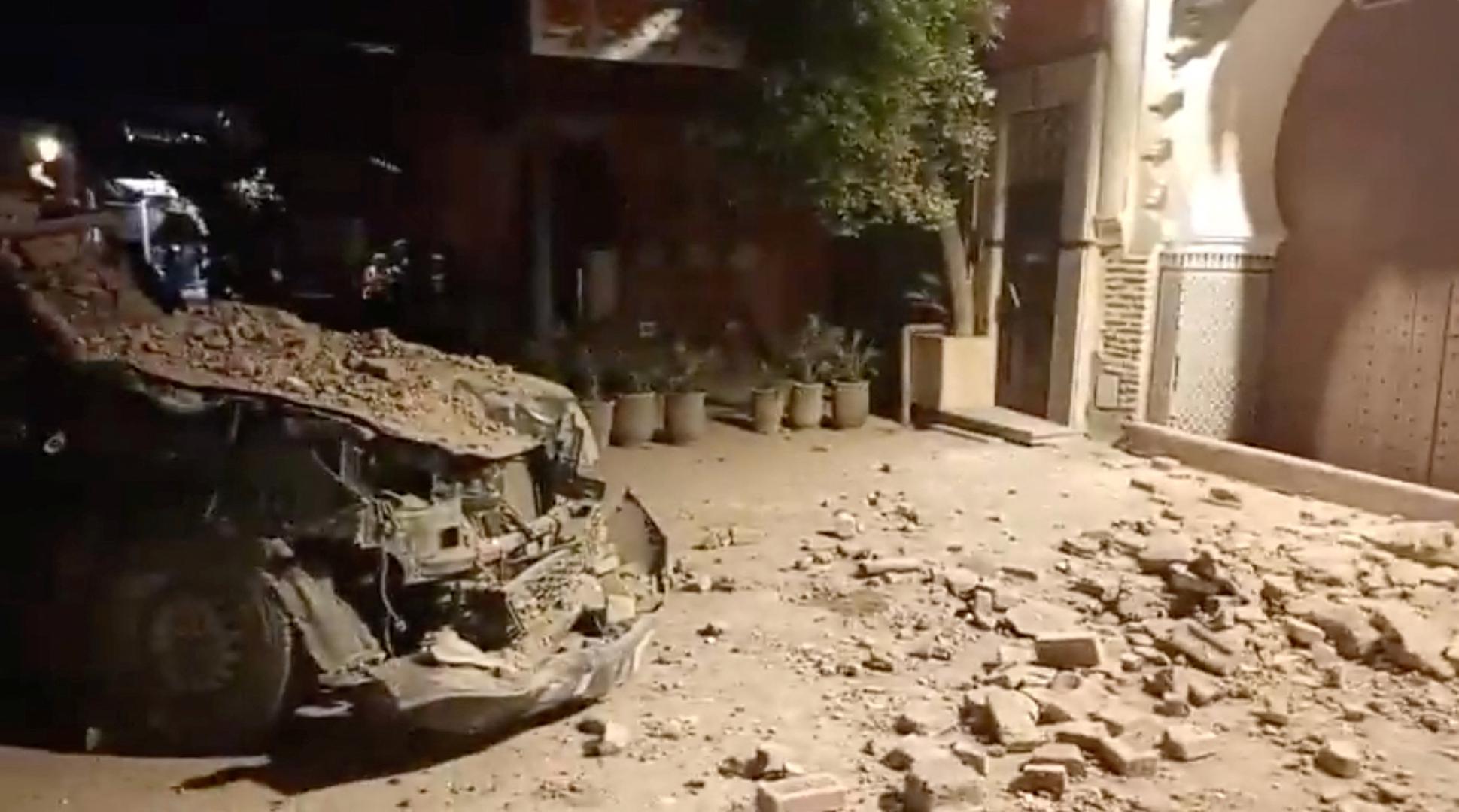 View of a damaged vehicle and debris in the aftermath of an earthquake in Marrakech, Morocco September 9, 2023 in this screen grab from a social media video in this picture. Al Maghribi Al Youm/via REUTERS  THIS IMAGE HAS BEEN SUPPLIED BY A THIRD PARTY. MANDATORY CREDIT. NO RESALES. NO ARCHIVES. Photo: AL MAGHRIBI AL YOUM/REUTERS