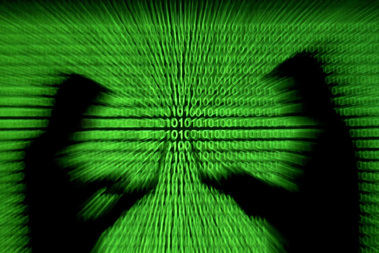 FILE PHOTO: Silhouettes of laptop users and a projection of binary code are seen in this picture illustration