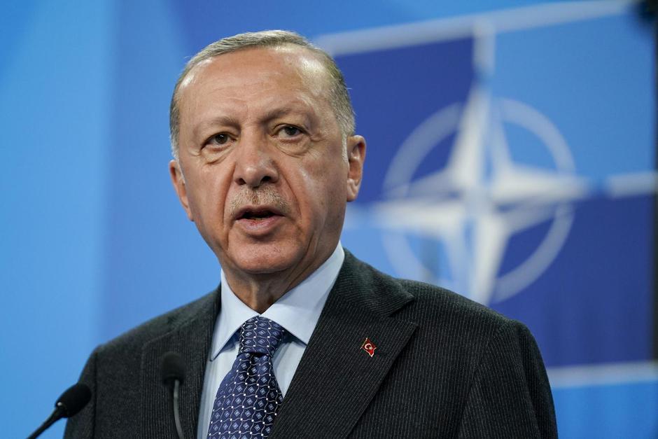 Turkish President Tayyip Erdogan speaks during a news confernce at a NATO summit in Madrid