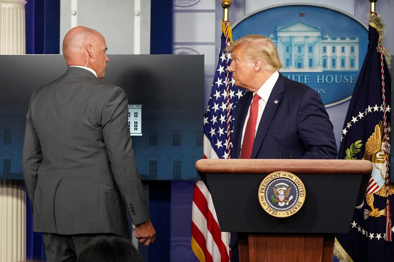 Trump escorted from the briefing room after a shooting outside the White House in Washington
