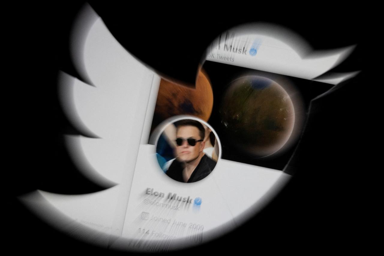 Illustration shows Elon Musk twitter account and Twitter logo