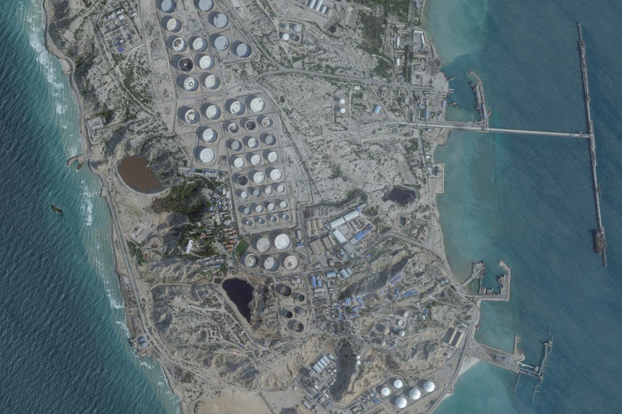 A satellite image shows an oil terminal, in Kharg Island