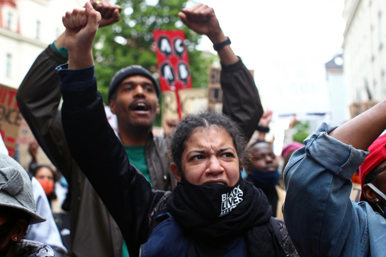 Black Lives Matter protest following the death of George Floyd in Minneapolis police custody, near the U.S. Embassy in Vienna A demonstrator gestures during a Black Lives Matter protest following the death of George Floyd in Minneapolis police custody, near the U.S. Embassy in Vienna, Austria June 5, 2020. REUTERS/Lisi Niesner LISI NIESNER