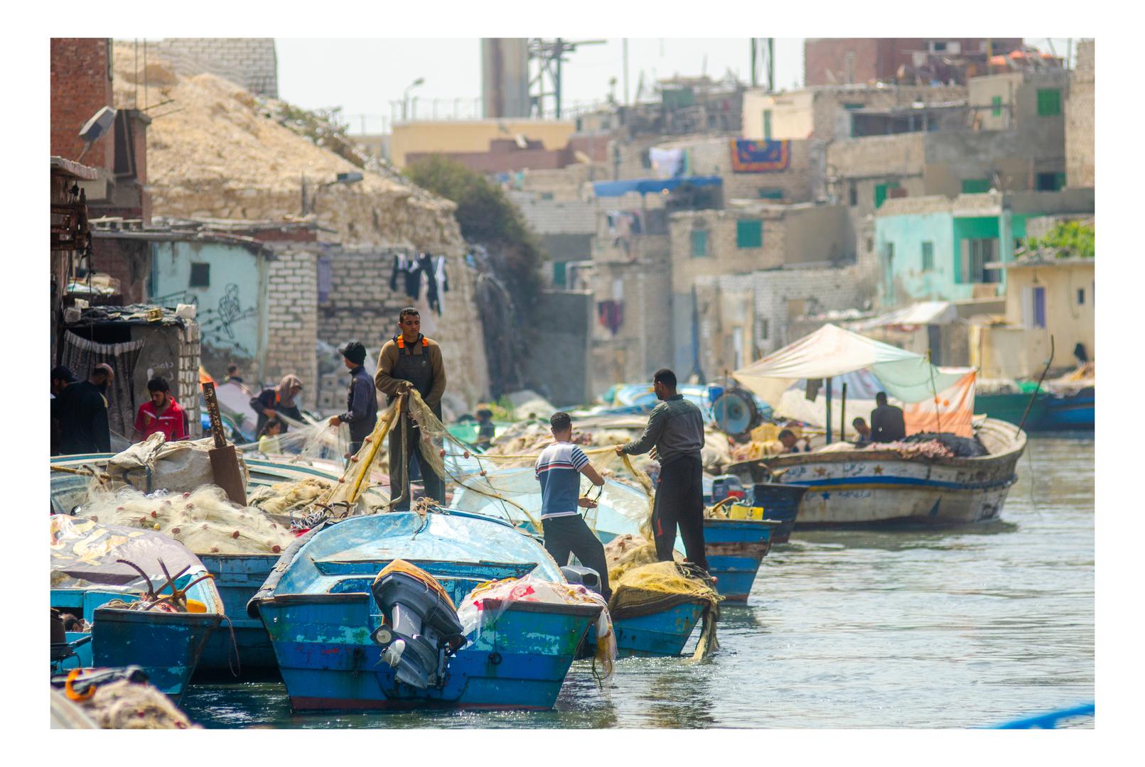 Nakon napornog dana ribarenja, ribari čiste ribu u luci El Maks u Aleksandriji