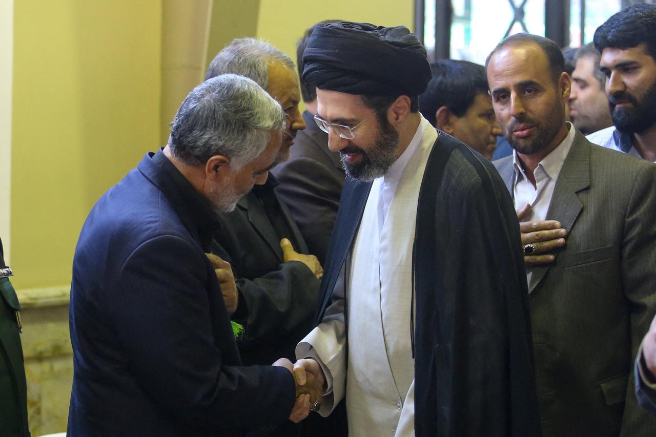 FILE PHOTO: Iran’s new supreme leader, Mojtaba Khamenei, the second son of late Iran's Supreme Leader Ayatollah Ali Khamenei, meets with the late Iranian military commander General Qassem Soleimani during a meeting in Tehran