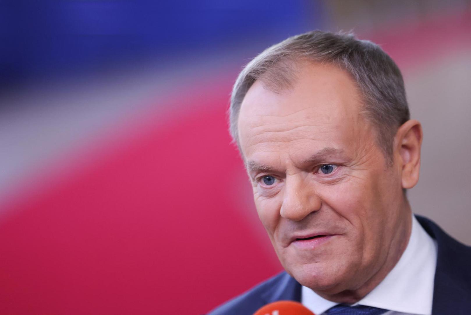 Polish Prime Minister Donald Tusk speaks to the press as he attends a European Union summit in Brussels, Belgium February 1, 2024. REUTERS/Johanna Geron Photo: JOHANNA GERON/REUTERS