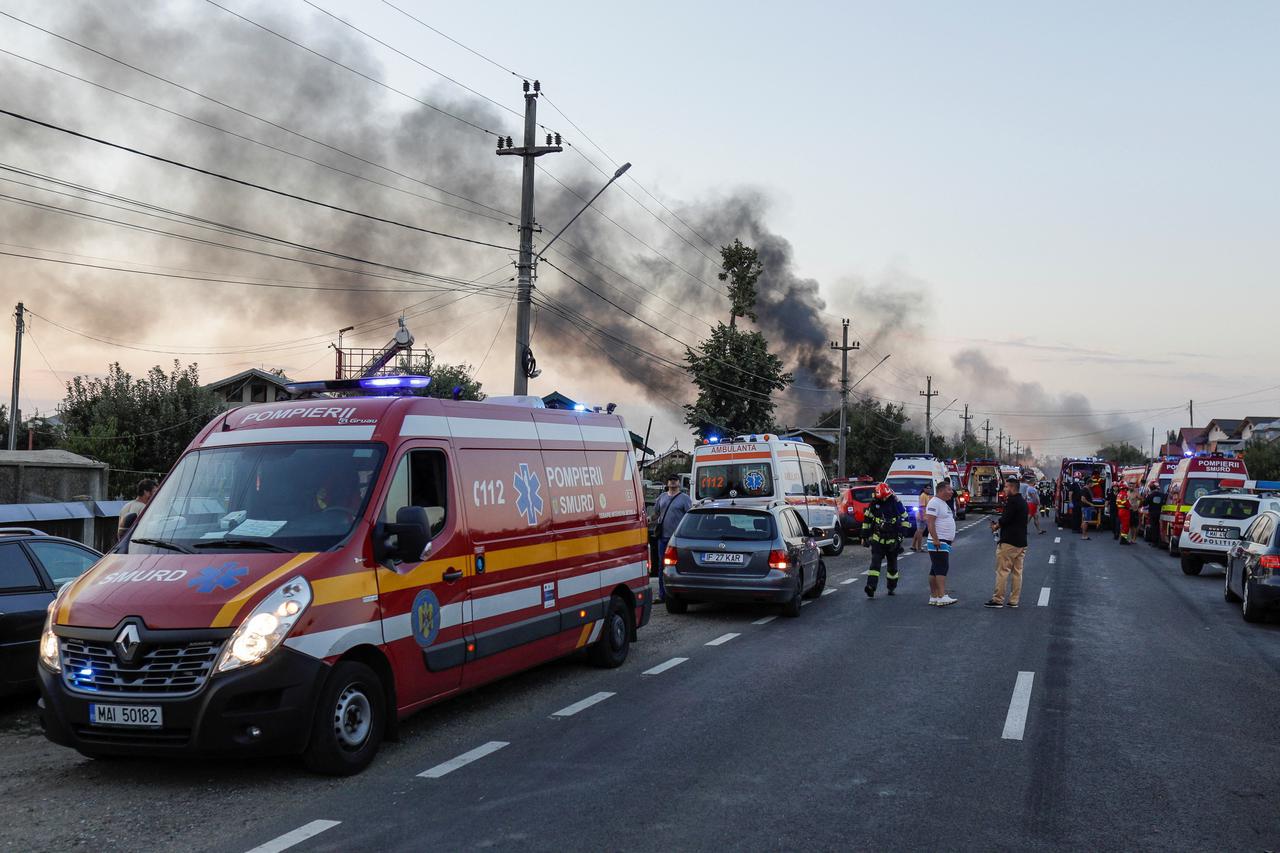 Flames rise after an explosion at a LPG station in Crevedia, near Bucharest