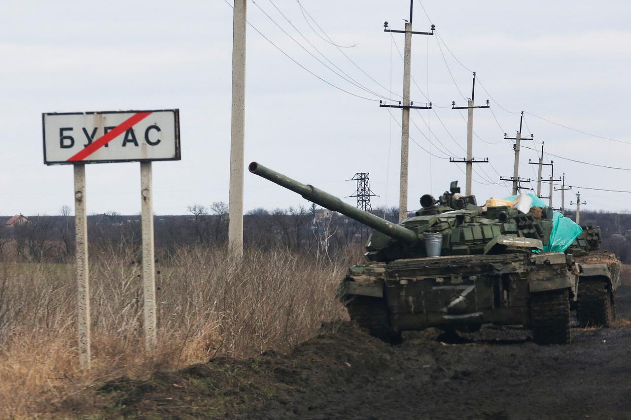 A tank with the symbol "Z" painted on its side is seen in the Donetsk region