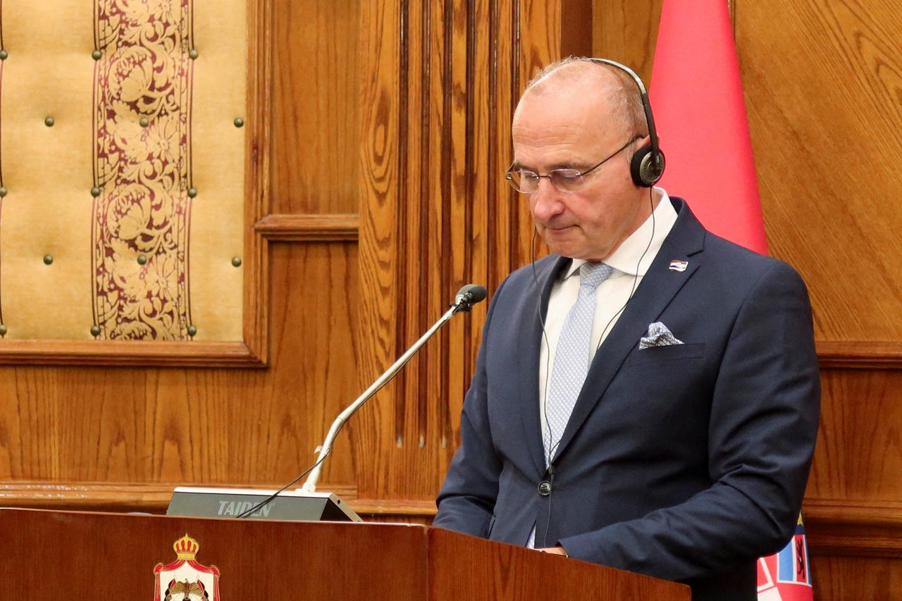 Jordanian Foreign Minister Ayman Safadi holds a press conference with Minister of Foreign and European Affairs of the Republic of Croatia Gordan Grlic-Radman