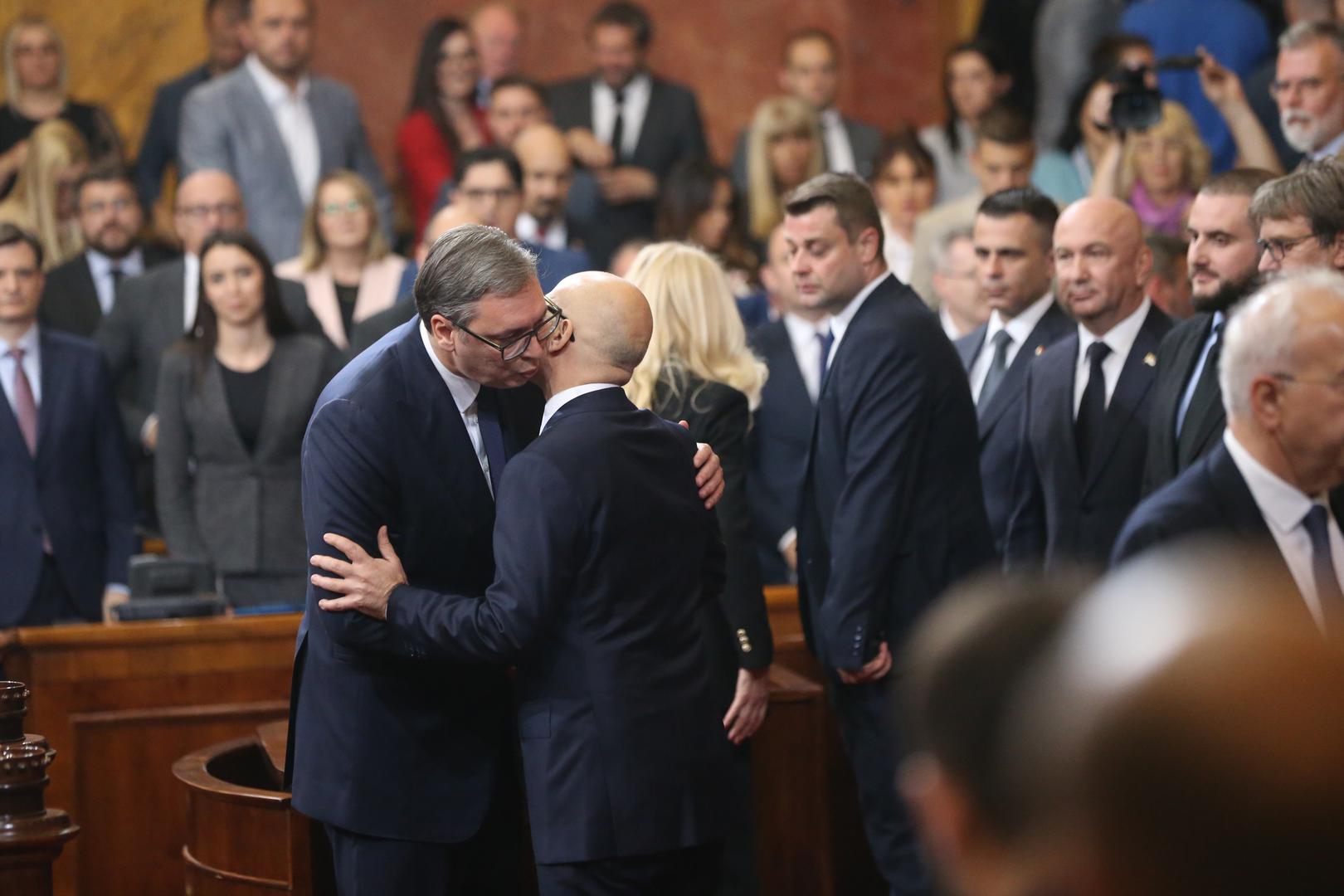 02, May, 2024, Belgrade - The Prime Minister of the Republic of Serbia, Milos Vucevic, and the ministers took the oath in the Assembly of the Republic of Serbia, and with that, their mandate officially began. Aleksandar Vucic, Milos Vucevic. Photo: F.S./ATAImages02, maj, 2024, Beograd - Predsednik Vlade Republike Srbije Milos Vucevic i ministri polozili su zakletvu u Skupstini Republike Srbije, a time je poceo i zvanicno da im tece mandat. Photo: F.S./ATAImages Photo: F.S./ATAImages/PIXSELL