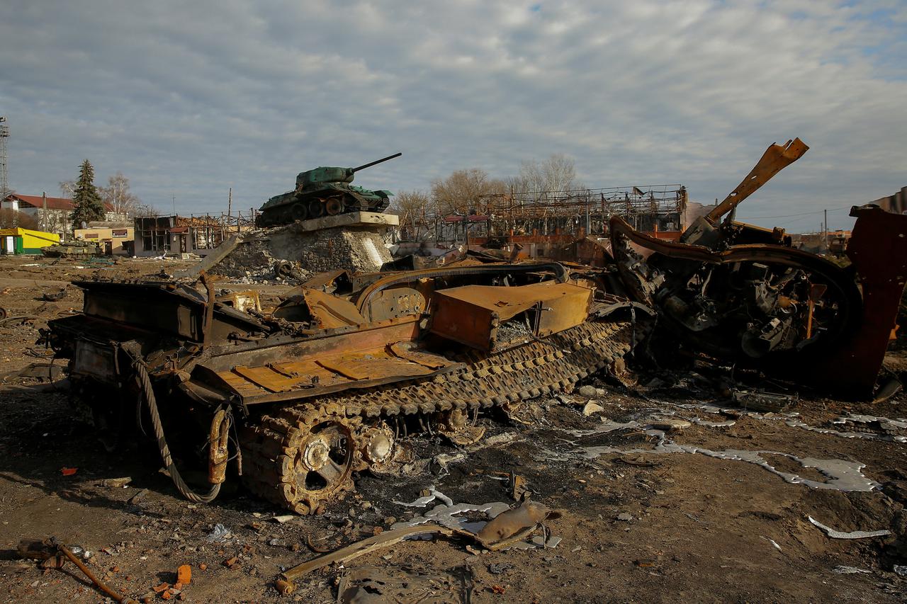 A destroyed Russian tank is seen in Trostianets