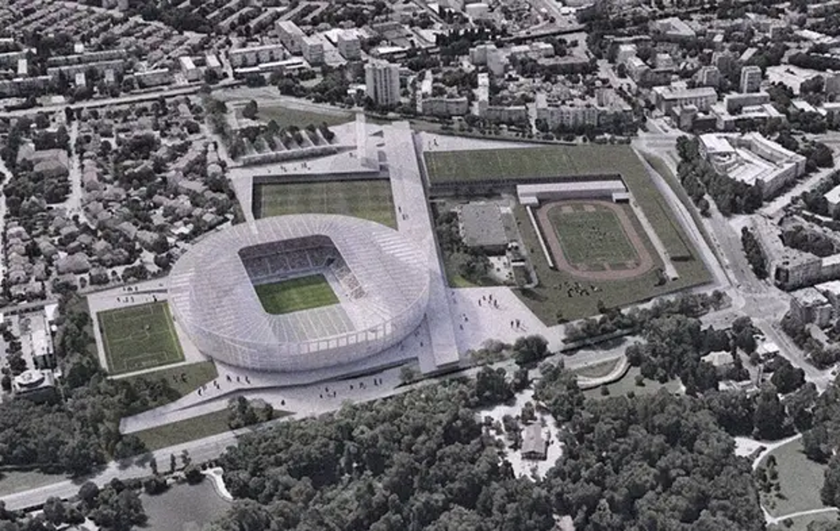 Gotovo cilindrični stadion obavijen je poluprozirnom dvostrukom ovojnicom koja se prema Maksimirskoj šumi otvara i povezuje unutrašnjost s parkom. Povišena javna platforma odvaja gledateljske od servisnih tokova. U anketnom dijelu dvorane oblikuju južni urbani potez, dok se prema sjeveru uvlače pod ozelenjene krovove. Kompleks povezuje os sjever–jug, završena svjetlosnim tornjem uz Borongaj.