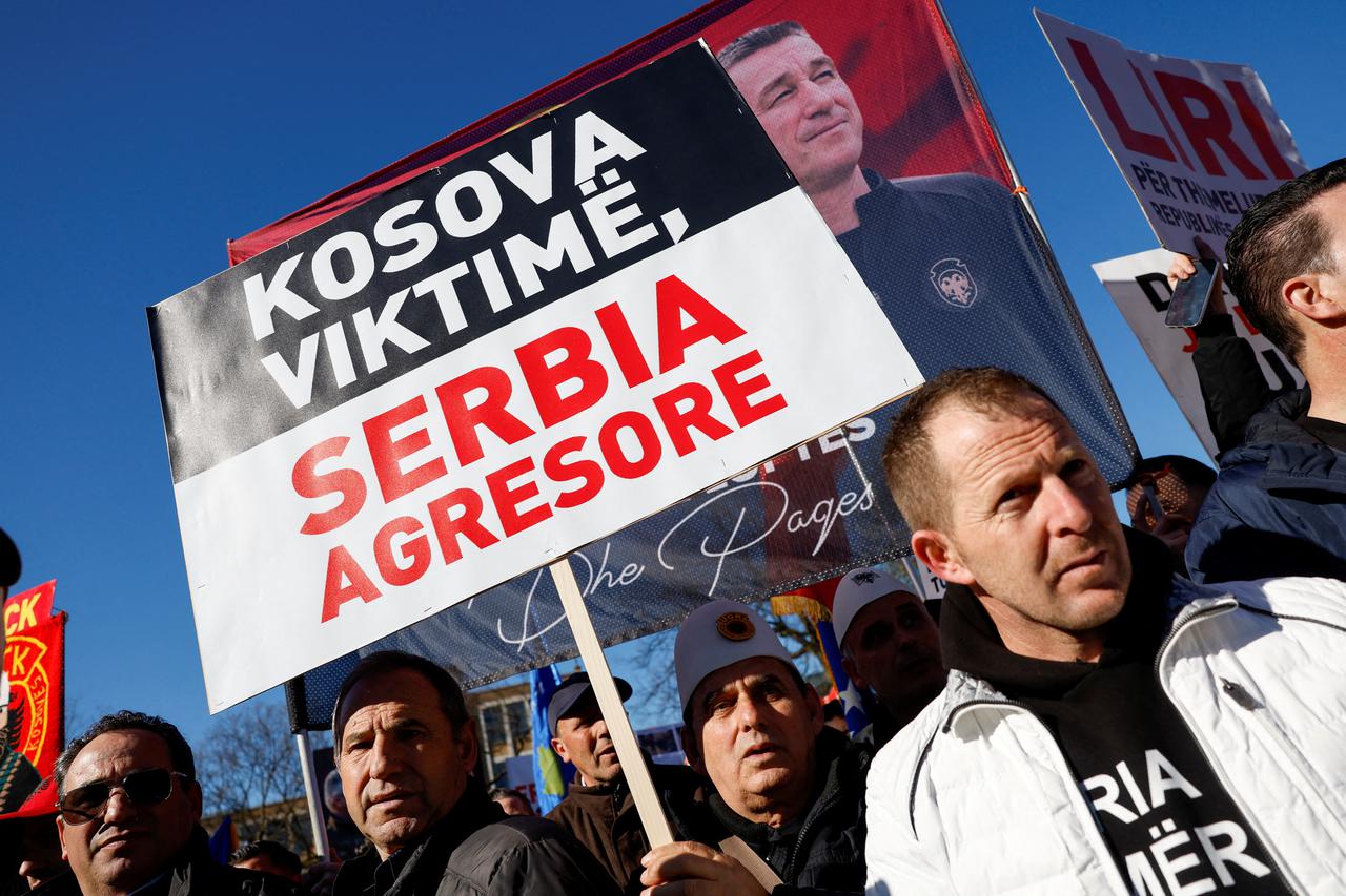 FILE PHOTO: Protest in The Hague as Kosovo's ex-president Thaci goes on trial for war crimes