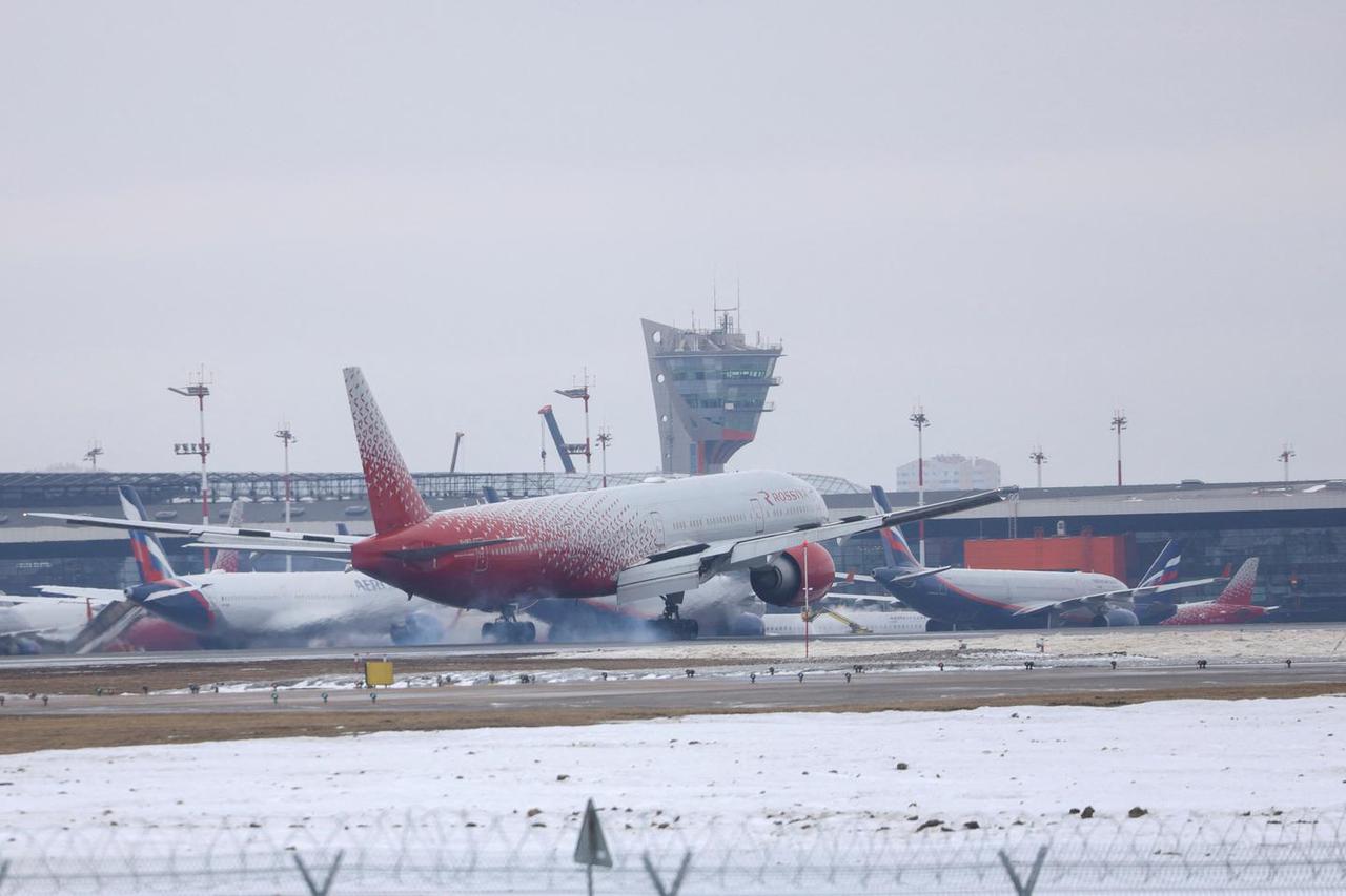 A Rossiya Airlines passenger plane lands at an airport in Moscow
