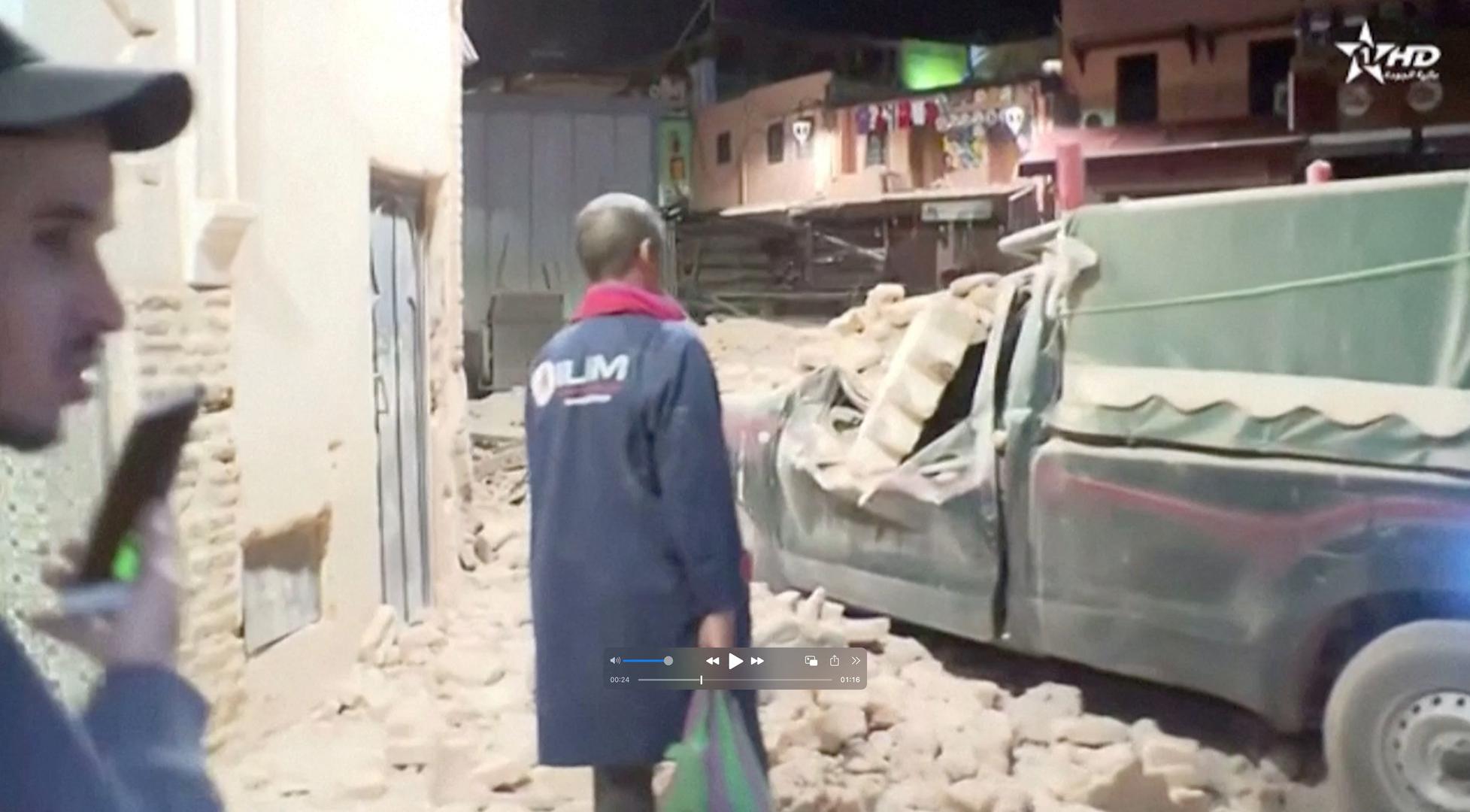 View of rubble from the earthquake in Marrakech, Morocco September 9, 2023 in this screen grab taken from a video.  Al Oula TV/Handout via REUTERS    THIS IMAGE HAS BEEN SUPPLIED BY A THIRD PARTY.  NO RESALES. NO ARCHIVES. MANDATORY CREDIT. MOROCCO OUT. NO COMMERCIAL OR EDITORIAL SALES IN MOROCCO Photo: AL OULA TV/REUTERS