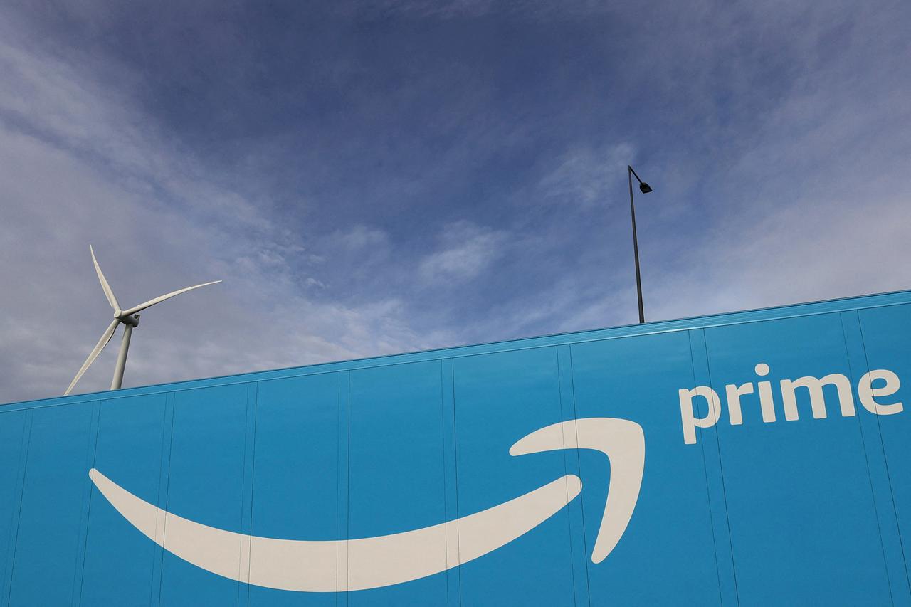 FILE PHOTO: Amazon Prime Delivery logo on the trailer of a truck outside the company logistics center in Lauwin-Planque